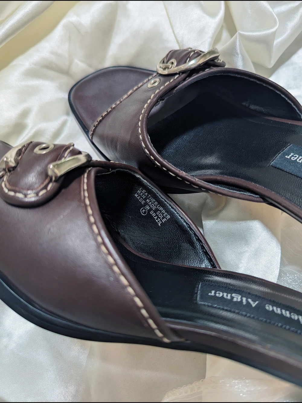 Etienne Aigner Brown Leather Buckle Mule Heels - Picture 4 of 5